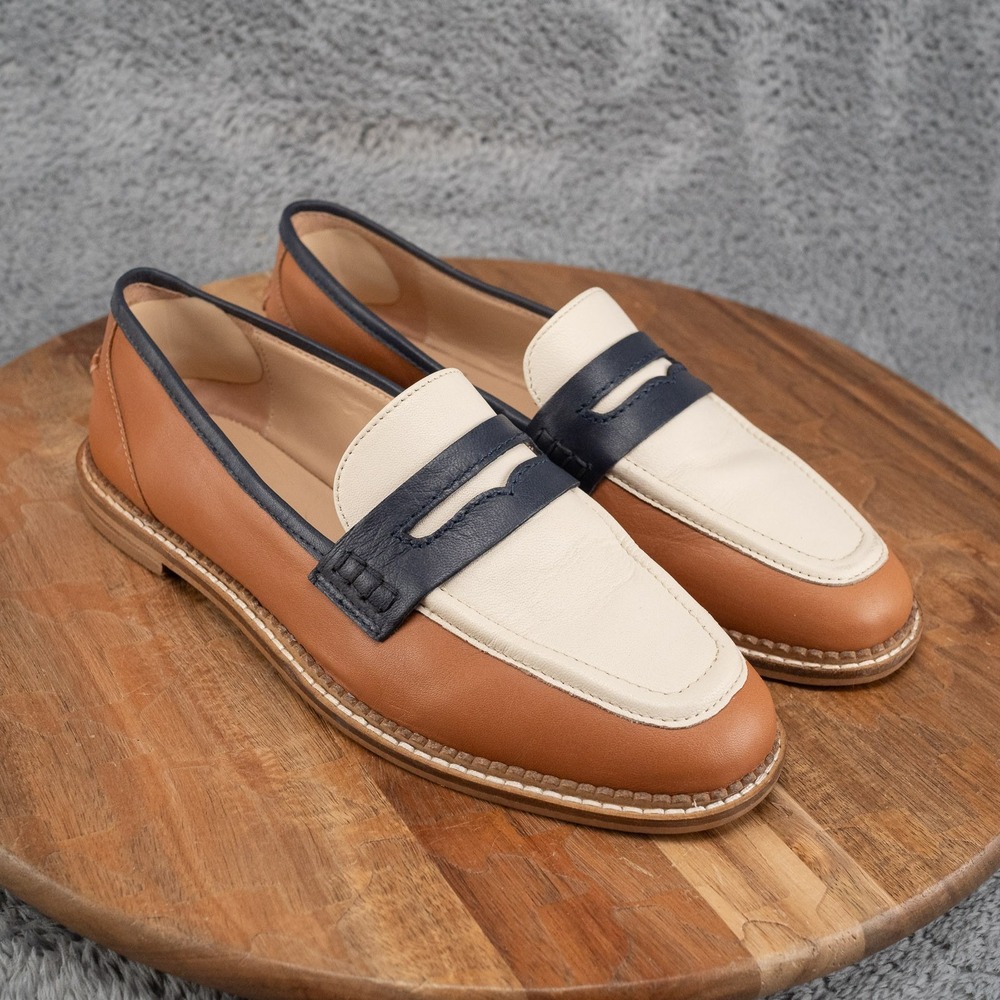 BODEN NYA WOMENS COLORBLOCK PENNY LOAFERS SHOES SIZE 37 6.5 NAVY TAN IVORY